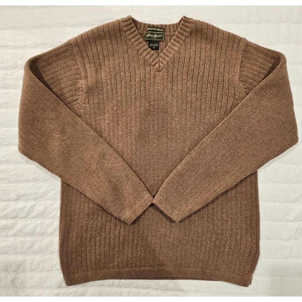 Eddie Bauer Vintage Brown Medium Teflon Treated 100% Cotton V-Neck Sweater